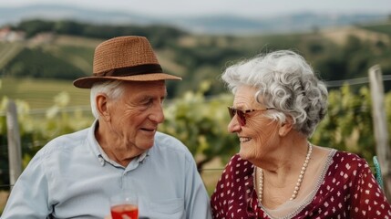 Senior Couple Relaxing and Playing Cards Together on Patio of Countryside Vineyard Landscape with Blurred Background Depicting Peaceful Retirement Lifestyle