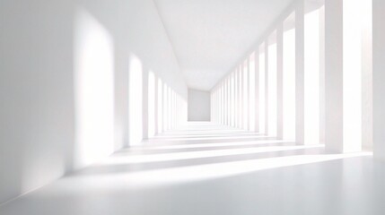 Fototapeta premium White Hallway Perspective: A minimalist and modern architectural hallway, bathed in soft light, creates a sense of depth and endless possibility. 