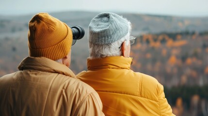 Retired senior couple standing by window and using binoculars to birdwatch in a serene autumnal landscape with a beautiful panoramic view of the fall foliage and forest