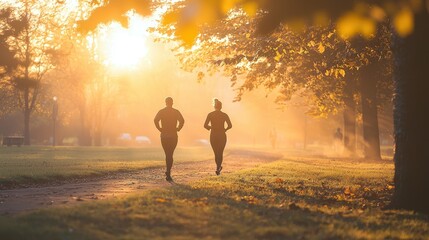 Fototapeta premium Morning joggers in a park with the sun rising