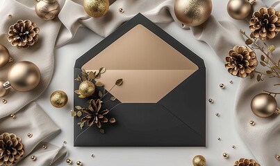 wedding invitation cards design set of blank paper cards black envelopes golden decorations on white textile background elegant wedding stationery.