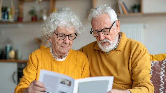 Elderly Couple Spending Time Crafting Personalized Scrapbooks with Photos and Colorful Stickers in the Comfort of Their Warm and Inviting Living Space