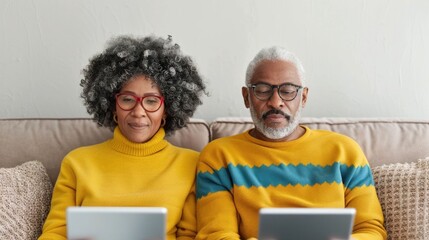 Smiling senior couple relaxing on couch at home using digital tablet for online classes or video conference  Happy mature adults engaging in technology for education or remote communication