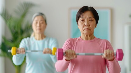 Senior Couple Engaging in Strength Training Exercises with Light Weights in the Comfort of Their Living Room Promoting an Active and Healthy Lifestyle in the Golden Years