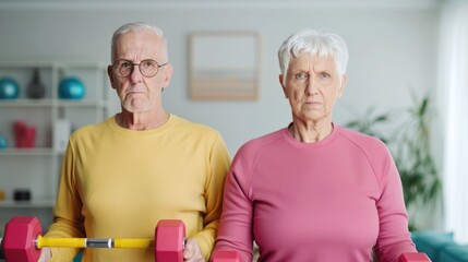 Retired Elderly Couple Staying Active and Healthy by Lifting Light Weights Together in the Cozy Living Room Setting