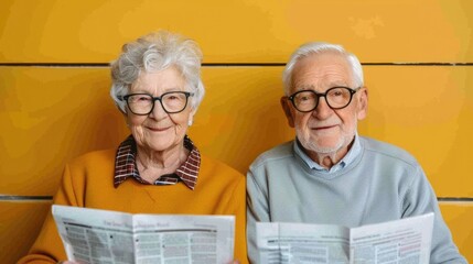 Retired senior couple sitting together and discussing current news and events with newspapers in their hands depicting a lifelong partnership and shared interest in staying informed