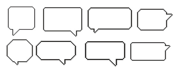 Set of white speech bubbles in pixel art style