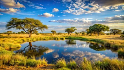 Fototapeta premium Idyllic landscape of a serene watering hole surrounded by lush savanna vegetation , Serene, Beautiful, Savanna