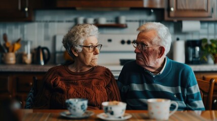 Retired elderly couple sitting together at the kitchen table having a peaceful morning breakfast and conversation in a cozy warm home setting