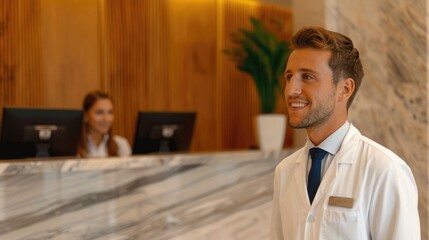 Friendly and professional hotel reception staff members assisting guests during the check in process at an elegant marble lobby with modern hospitality design and decor