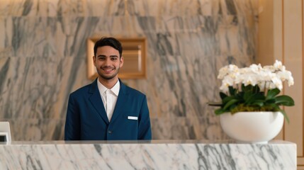 Friendly and professional hotel concierge providing assistance and welcoming guests at the modern reception desk in an elegant and comfortable hotel lobby interior