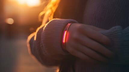 Glowing Breast Cancer Awareness Bracelet on Woman s Wrist in Sunlight