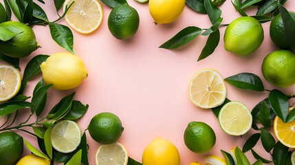 Flat lay of citrus fruits like lime and lemon with lemon tree leaves on light pink background making a frame