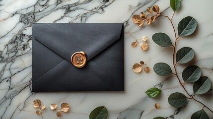 luxury wedding invitation card mockup with black envelope gold wax seal stamp golden leaves on marble gold table flat lay top view copy space.