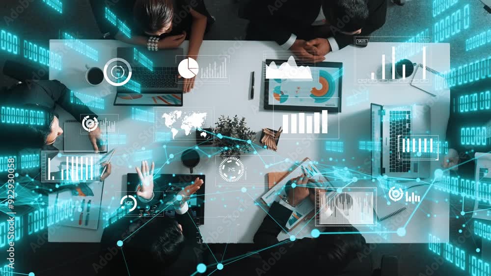 Aufkleber top view of executive manager present growth graph while smart team clap hands and shale hand with m