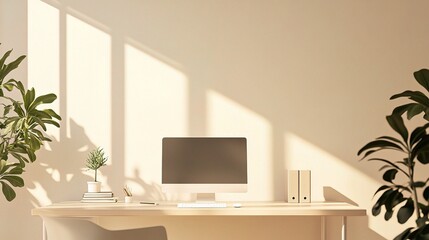 Sun-Drenched Minimalist Workspace: A serene home office bathed in warm sunlight, featuring a clean desk, lush plants, and a modern computer setup. 