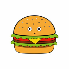 hamburger isolated on white, hamburger vector illustration, food vector art, hamburger silhouette,  burger vector icon, burger cartoon line art, eps