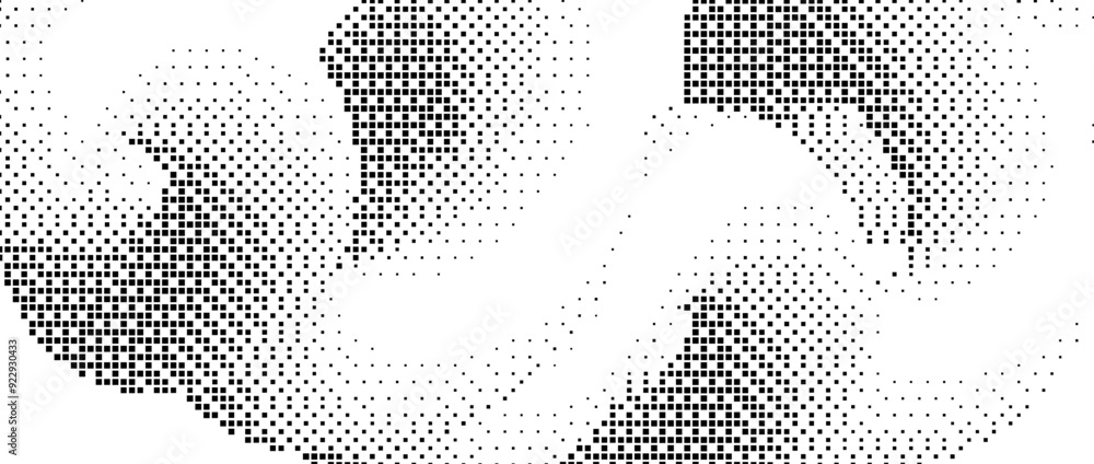 Aufkleber Pixelated gradient curved shape. Dotted dither squiggle texture background. Fluid undulate form for banner, poster, leaflet, brochure. Abstract rasterized overlay wallpaper. Vector comic backdrop
