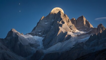 Full moon rising over a majestic mountain peak.