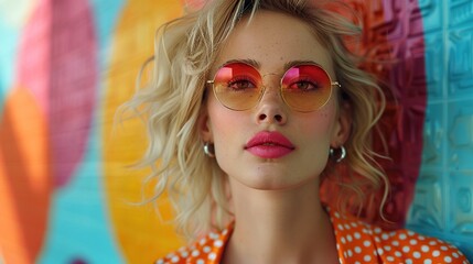 Fototapeta premium blonde woman in sunglasses abstract pattern of geometric shapes on background art work collage generative ai.