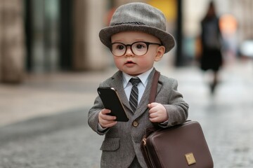 Business Baby in Suit and Glasses Holding a Phone and Briefcase: A Concept of Bringing Your Child to Work Day, Celebrating National Boss's Day.
