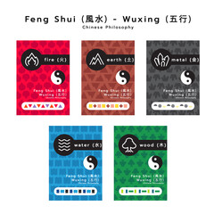Feng shui icons on colorful card design. Illustration Feng Sui and isolated background. minimal icons and symbols vector flat cards. Chinese icons. Fengshui. Cover. Banner
