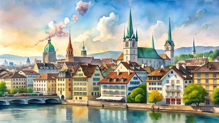 Fototapeta premium A Watercolor Impression of Zurich's Architectural Harmony Generative AI
