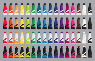 Vector watercolor paints tubes set, 16 shades color clipart, Color palette guide, gouache, ink for drawing, artists color supplies. vector illustrations isolated on gray background