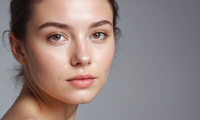 Fototapeta premium Bare-faced woman with flawless skin, minimalist studio setup