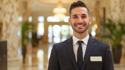 Hotel Concierge Providing Professional Assistance to Guests in a Beautifully Designed Hotel Lobby  The Concierge is Smiling and Welcoming