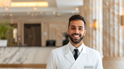 Fototapeta premium A professional hotel concierge in a suit and tie providing exceptional hospitality assistance and service to guests with a deep depth of field in the hotel lobby