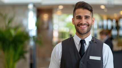 Friendly Hotel Concierge Assisting Guests with Their Needs in Lobby Interior  Helpful staff providing customer service and support for travelers at the hotel reception desk