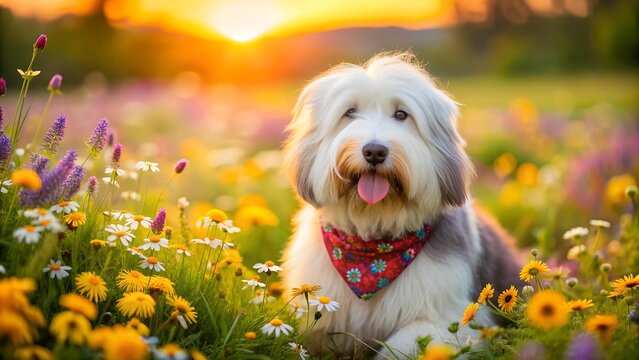 A Delightful Bobtail Dog Enjoying a Sunny Day in a Field of Vibrant Blooms AI Generated - Powered by Adobe