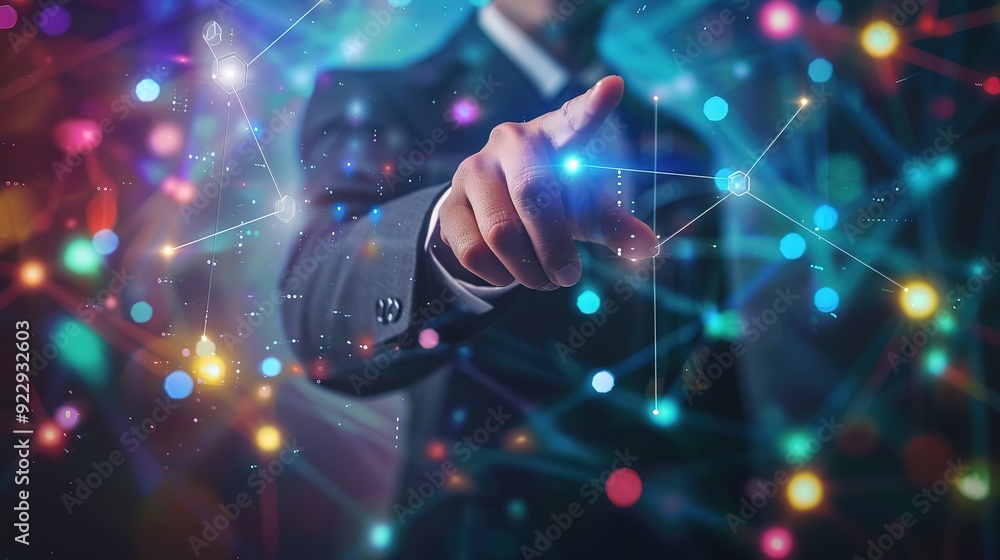 Poster attractive businessman touching customer global structure networking and data exchanges connection