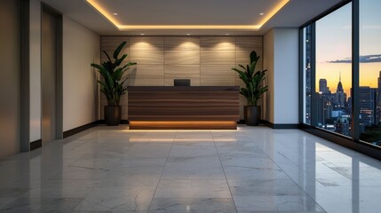 Luxurious hotel lobby interior with floor to ceiling windows offering breathtaking panoramic views of the cityscape skyline  The space features a minimalist modern design with clean lines