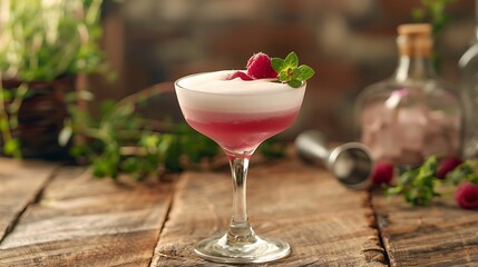 Glass of Clover Club Cocktail on wooden background