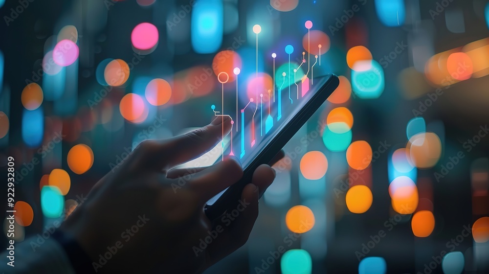 Poster spectacular businessman using mobile smartphone and icon network connection data with growth graph