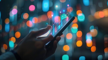 Spectacular Businessman using mobile smartphone and icon network connection data with growth graph