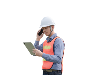 A man in a safety vest is talking on a cell phone while looking at a tablet