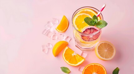 Glass of juice made of citrus slices with mint leaves and a straw on light pink background