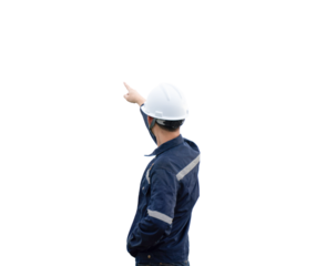A man in a blue jacket and white helmet points to the sky