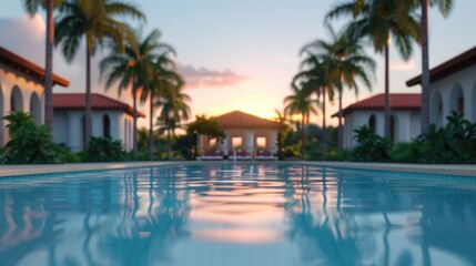 Fototapeta premium Stunning sunset reflection of a luxurious tropical resort with personalized service opulent villas and a tranquil pool against a backdrop of swaying palm trees