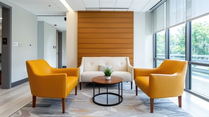 Elegantly designed traveler waiting area featuring comfortable and stylish seating minimalist decor and soothing ambient lighting creating a calming and inviting atmosphere for rest and relaxation