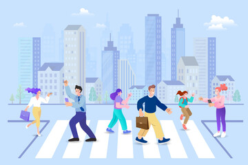 Group of diverse people walking on city crosswalk. Pedestrians crossing street with urban building skyline background. Business and student lifestyle concept during rush hour.