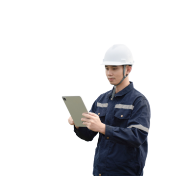 A man in a blue jacket is looking at a tablet - Powered by Adobe