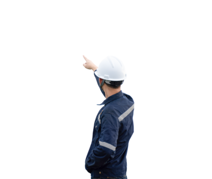 A man in a blue jacket and white helmet points to the sky