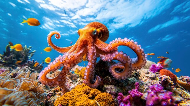 Octopus hiding among the coral in a colorful underwater environment