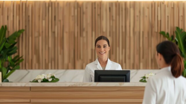 Luxury resort check in area featuring a modern and elegant lobby design with personalized guest service and a warm welcoming atmosphere  The image showcases the high end hospitality experience