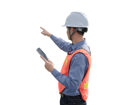 A man wearing a safety vest and a hard hat points to a tablet