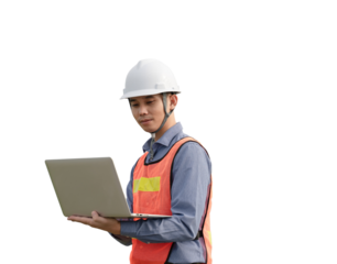 A man wearing a hard hat and safety vest is using a laptop computer